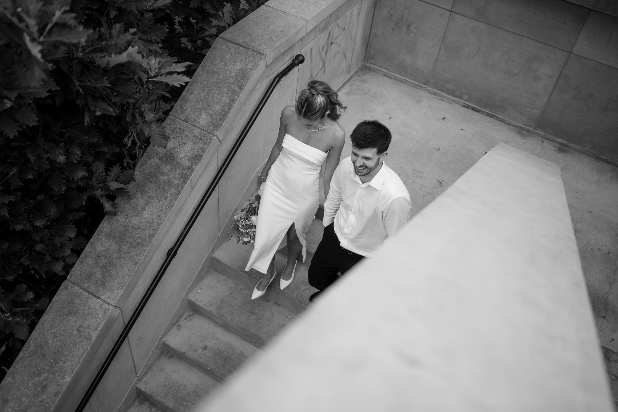 Hayley and Dan during their elopement portraits in downtown Chicago with iconic city architecture
